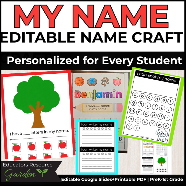 Editable Name Activities | Name Writing,Cut&Glue, Spot it & Apple Name Craft